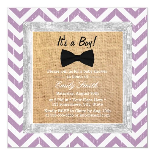 Rustic Purple Chevron Bow Tie Boy Baby Shower 5.25x5.25 Square Paper Invitation Card