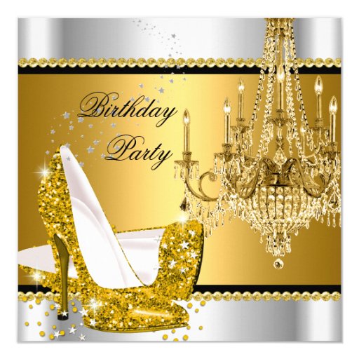 Elegant Glitter Gold Silver Glamour Chandelier 5.25x5.25 Square Paper Invitation Card