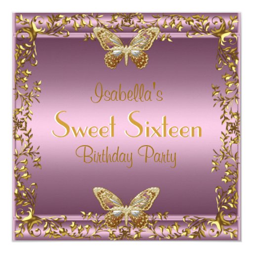 Elegant Sweet Sixteen Birthday Pink Gold Butterfly 5.25x5.25 Square Paper Invitation Card (front side)