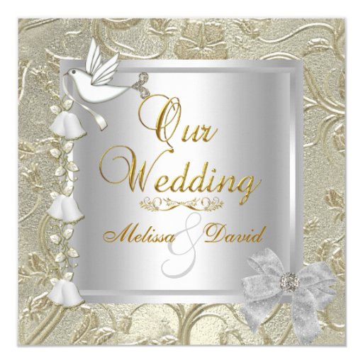 Elegant Wedding Gold Silver White Dove Damask 5.25x5.25 Square Paper Invitation Card