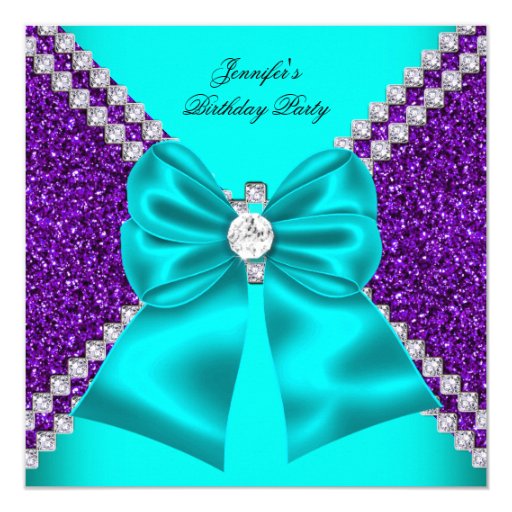 Elegant Glitter Teal Purple Diamonds Birthday 5.25x5.25 Square Paper Invitation Card