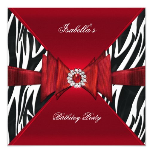 Elegant Birthday Party Zebra Red Black Diamond 5.25x5.25 Square Paper Invitation Card