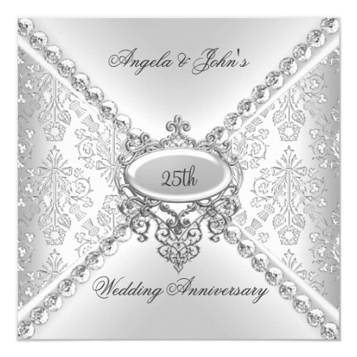 Elegant Silver 25th Wedding Anniversary Damask 5.25x5.25 Square Paper Invitation Card (front side)