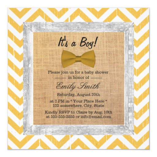 Yellow Chevron Stripes Gold Bow Tie Baby Shower 5.25x5.25 Square Paper Invitation Card (front side)