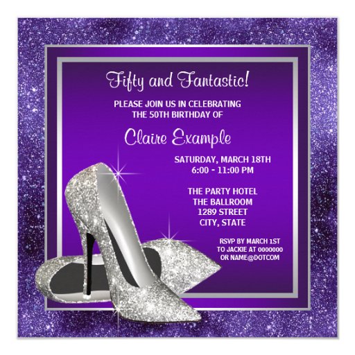 Elegant Purple High Heels Birthday Party 5.25x5.25 Square Paper Invitation Card (front side)