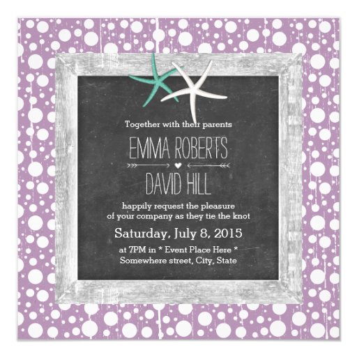 Rustic Purple Bubbles Wood Framed Starfish Wedding 5.25x5.25 Square Paper Invitation Card (front side)