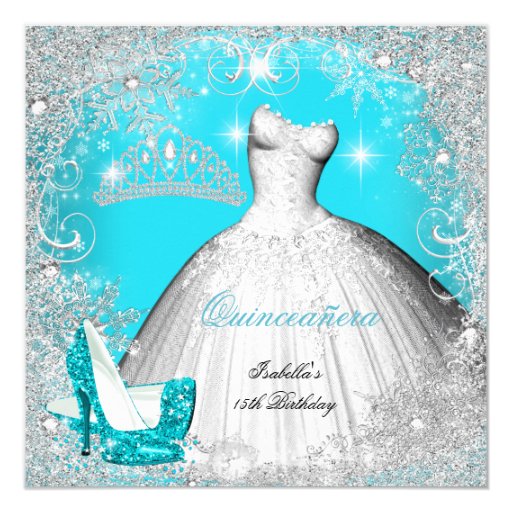 Quinceanera Party Teal Blue Silver Snowflakes 2 5.25x5.25 Square Paper Invitation Card (front side)