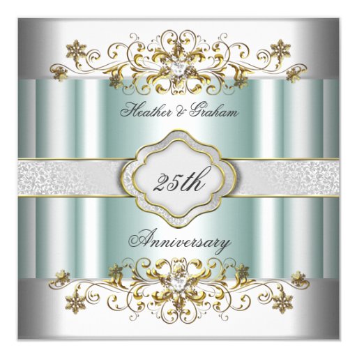Elegant 25th Anniversary Silver Teal Blue Mint 5.25x5.25 Square Paper Invitation Card