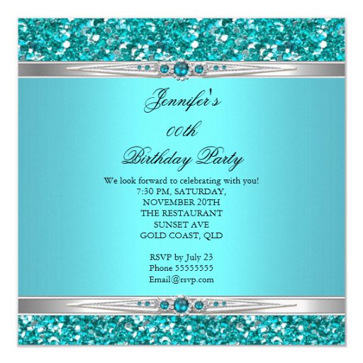 Elegant Teal Glitter Silver Diamond Pearl Birthday 5.25x5.25 Square Paper Invitation ...