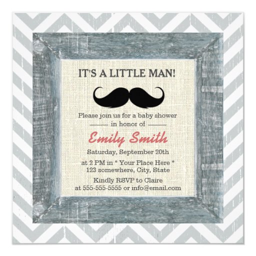 Little Man Mustache Chevron Stripes Baby Shower 5.25x5.25 Square Paper Invitation Car...