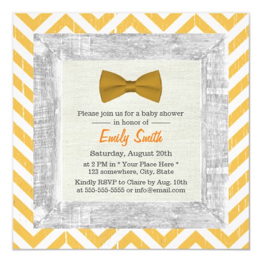 Gold Chevron Stripes & Bow Tie Wood Baby Shower 5.25x5.25 Square Paper Invitation...