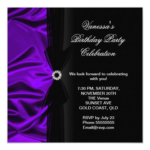 Elegant Birthday Party Deep Purple Silk Black 5.25x5.25 Square Paper Invitation Card