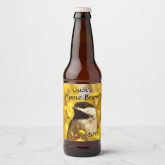 Chickadee Bird in Yellow Flowers Beer Label