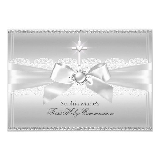 Elegant Pearl Bow & Cross First Holy Communion 3.5x5 Paper Invitation Card