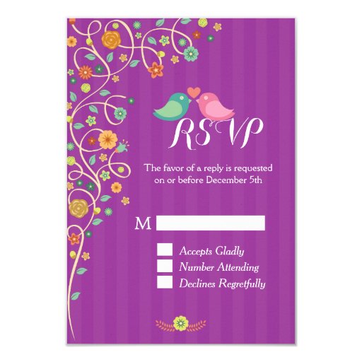 Stylish Cute Purple Swirl Floral Wedding RSVP 3.5x5 Paper Invitation Card (front side)