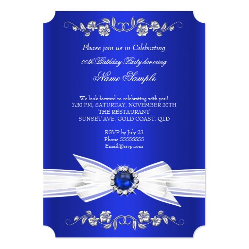 Elegant Royal Blue White Pearl Jewel Bow Birthday 5x7 Paper Invitation Card