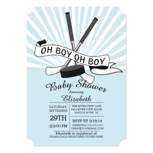 Modern Oh Boy Hockey Boys Baby Shower 5x7 Paper Invitation Card (front side)