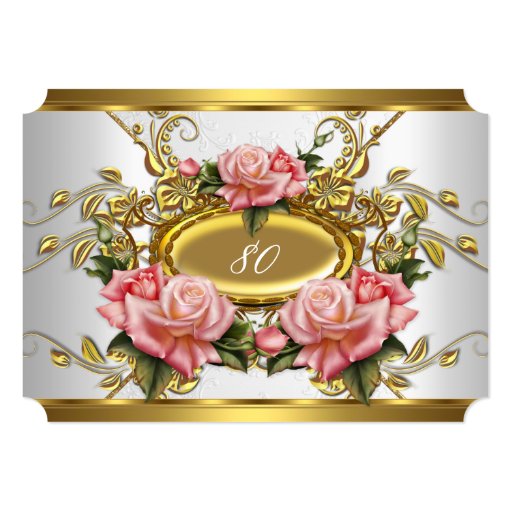 Elegant 80th Birthday Party Pink Gold Roses White 5x7 Paper Invitation Card (front side)