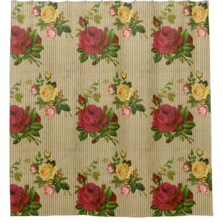 Vintage Red Yellow Peach Roses Gold Glitter Stripe Shower Curtain