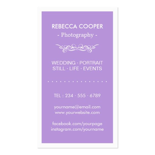 Photographer Photo Showcase - Chic Lavender Purple Double-Sided Standard Business Cards (Pack Of 100) (back side)