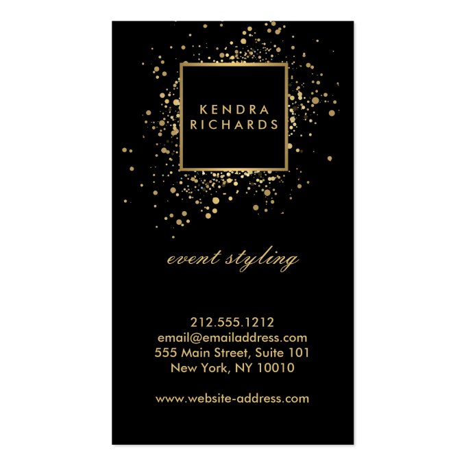 Scattered Faux Gold Confetti on Modern Black Business Card (back side)