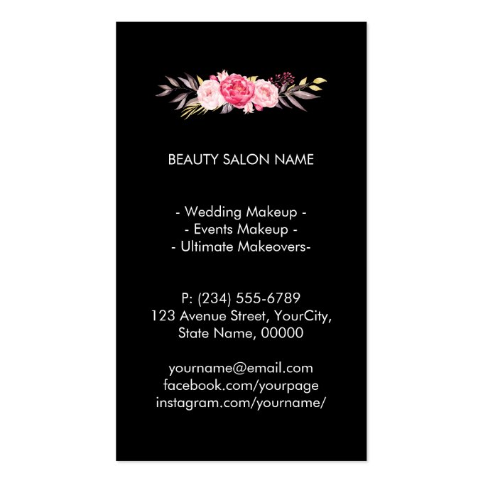 Makeup Artist Floral Deco Gold Black White Stripes Business Card (back side)