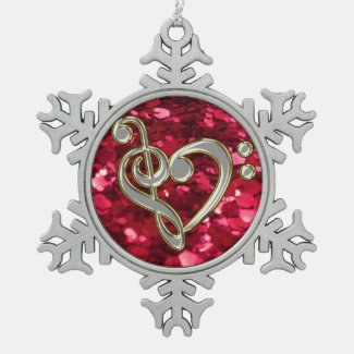 Red Glitter Christmas Music Heart Clef Snowflake Snowflake Pewter Christmas Ornament