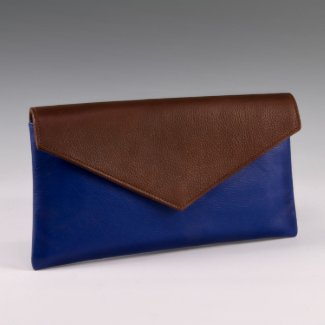 Soft Grain Marine Blue and Cognac Brown Leather Clutch