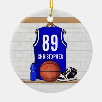 Personalized Blue and White Basketball Jersey Ceramic Ornament