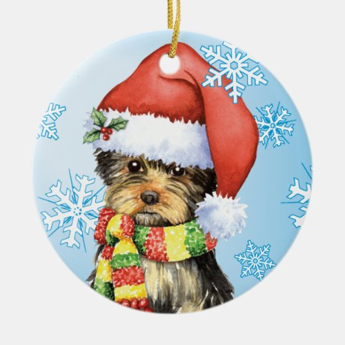 Happy Howliday Yorkie Yorkshire Terrier Dog Design with Santa Hat Ceramic Ornament