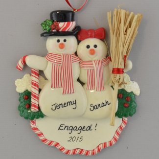 Engaged Snow Couple with Broom Ornament