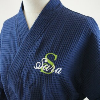 Navy Waffle Robe with Lime/White Ornate Name