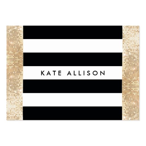 Black and White Striped FAUX Gold Sequin Beauty Large Business Cards (Pack Of 100) (front side)