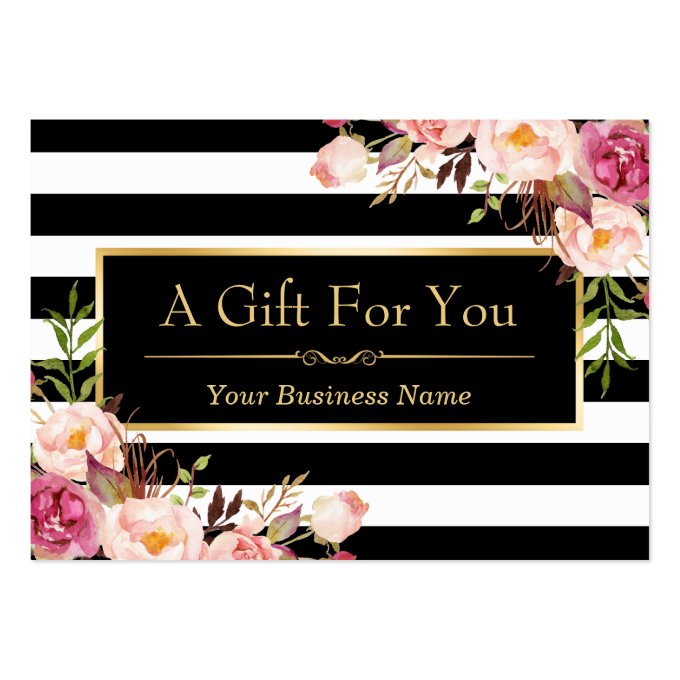 Gift Certificate Gold Floral Black White Stripes Large Business Card