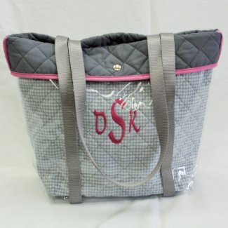 Women's Grey Gingham Check Tote With Pink Binding