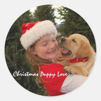 Young Girl & New Puppy at Christmas Classic Round Sticker