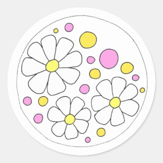 Retro Daisy Flowers with Pink and Yellow Circles Classic Round Sticker