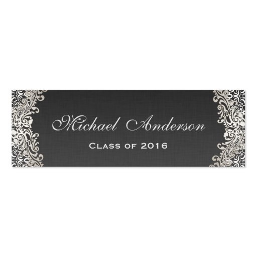 Elegant Vintage Silver Damask Graduation Name Card Double-Sided Mini Business Cards (Pack Of 20) (front side)