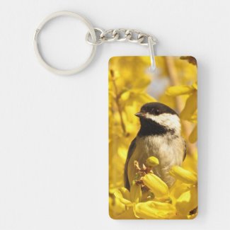 Chickadee Bird in Yellow Flowers Acrylic Keychain