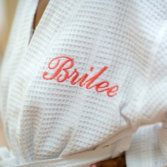 White Waffle Robe with Personalized Coral Name