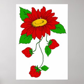 Retro Red Strawberries and Flower Poster