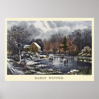 Vintage Christmas, Early Winter with Ice Skaters Poster