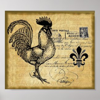 Vintage French Rooster On Burlap Poster
