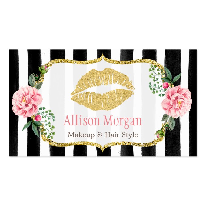 Makeup Artist Gold Lips Blush Pink Floral Stripes Business Card (front side)