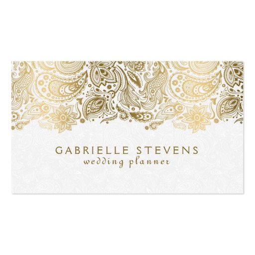 Elegant Gold And White Paisley 2 Wedding Planner Double-Sided Standard Business Cards (Pack Of 100) (front side)