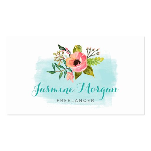 Painted Watercolor Floral Chic Teal Aqua Blue Double-Sided Standard Business Cards (Pack Of 100) (front side)