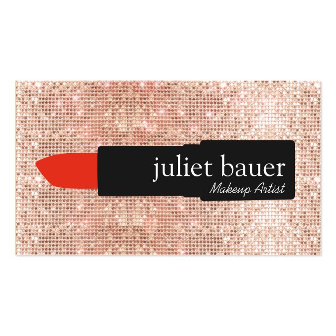 Rose Gold Sequin Modern Makeup Artist Lipstick Business Card (front side)