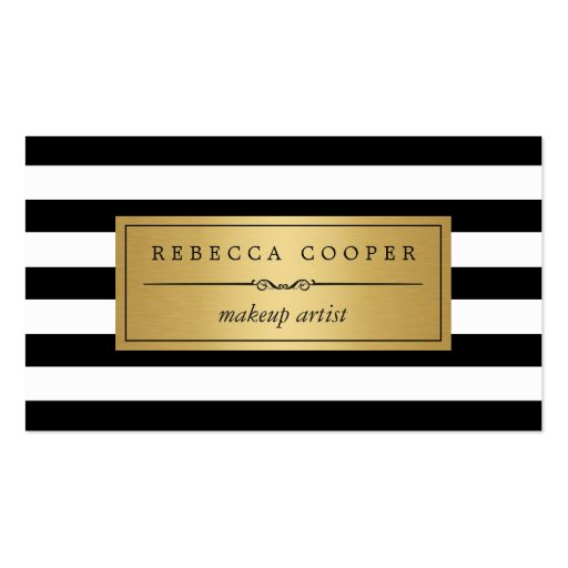 Makeup Artist - Gold Black White Stripes Double-Sided Standard Business Cards (Pack Of 100) (front side)
