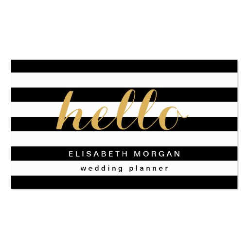 Stylish Gold Calligraphy Hello Black White Stripes Double-Sided Standard Business Cards (Pack Of 100) (front side)
