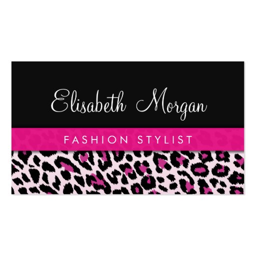 Stylish Pink Leopard Print Girly Ribbon Networking Business Card Template (front side)